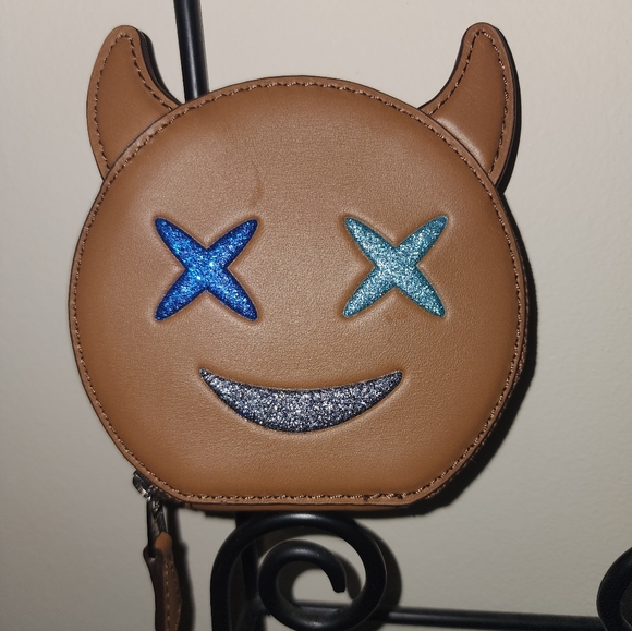 Coach Handbags - Coach New York Emoji Glitter Smiling Devil Frisky Brown Leather Coin Purse Pouch